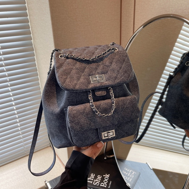 Denim Rhombus Small Chain Backpack Large Capacity Twist Lock Hand-carrying Small Bag Fashion