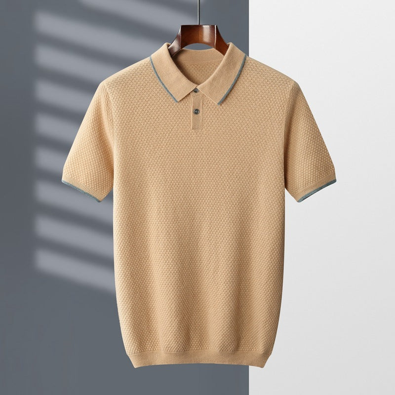 Men's Cashmere Sweater Lapel Pullover Shirt Collar Solid Color Wool Knitted With Short Sleeves