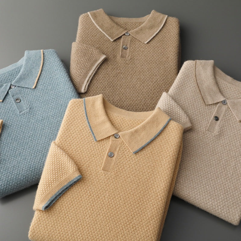 Men's Cashmere Sweater Lapel Pullover Shirt Collar Solid Color Wool Knitted With Short Sleeves