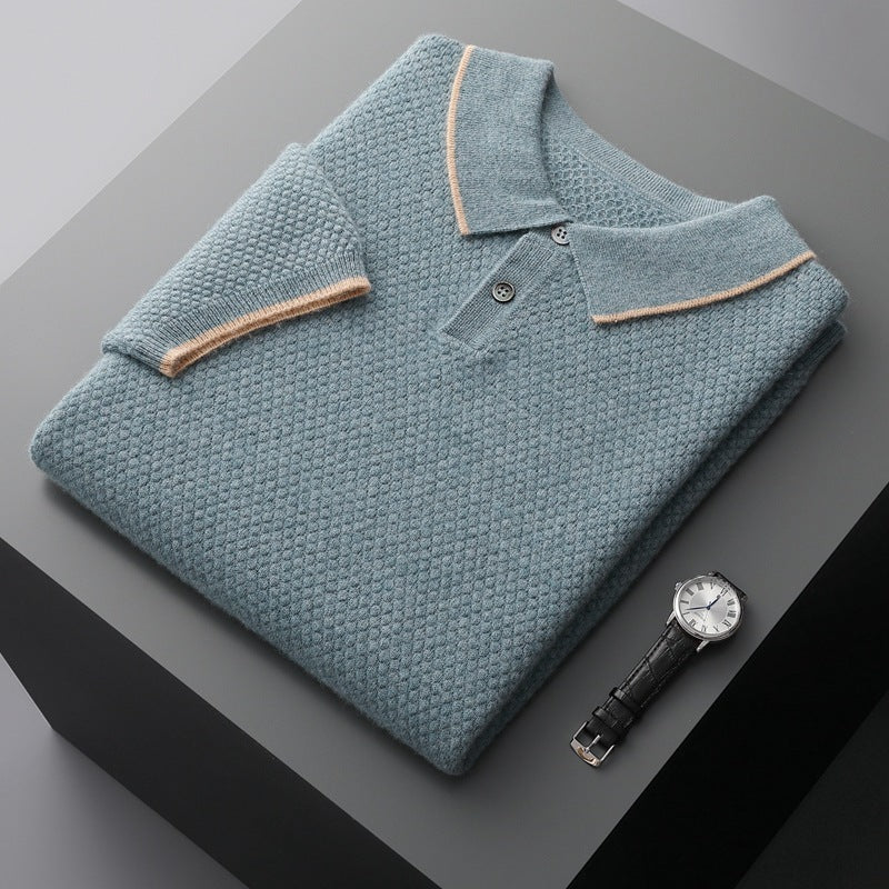 Men's Cashmere Sweater Lapel Pullover Shirt Collar Solid Color Wool Knitted With Short Sleeves