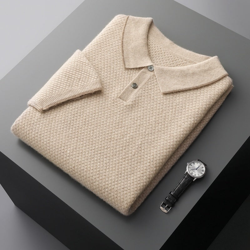 Men's Cashmere Sweater Lapel Pullover Shirt Collar Solid Color Wool Knitted With Short Sleeves